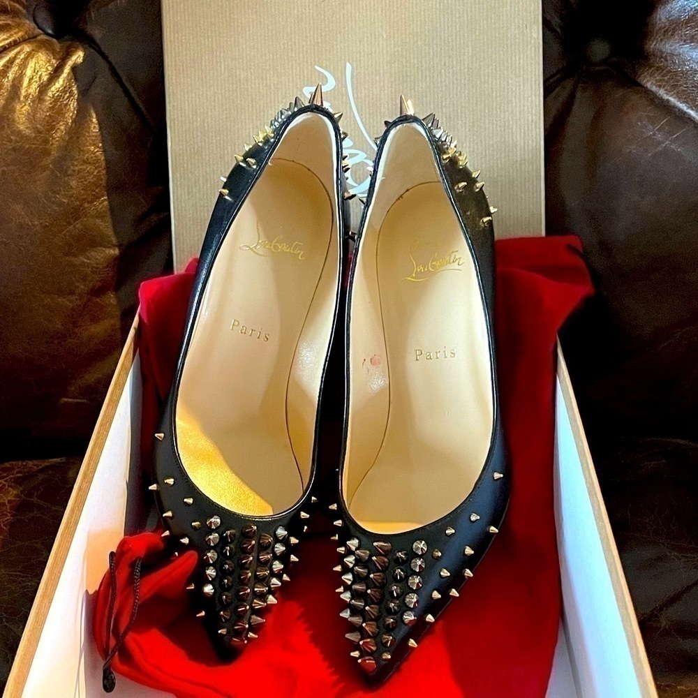 Christian Louboutin Dinosa multicolor spike 70mm black Napa leather pumps EU39.5 - Picture 9 of 10
